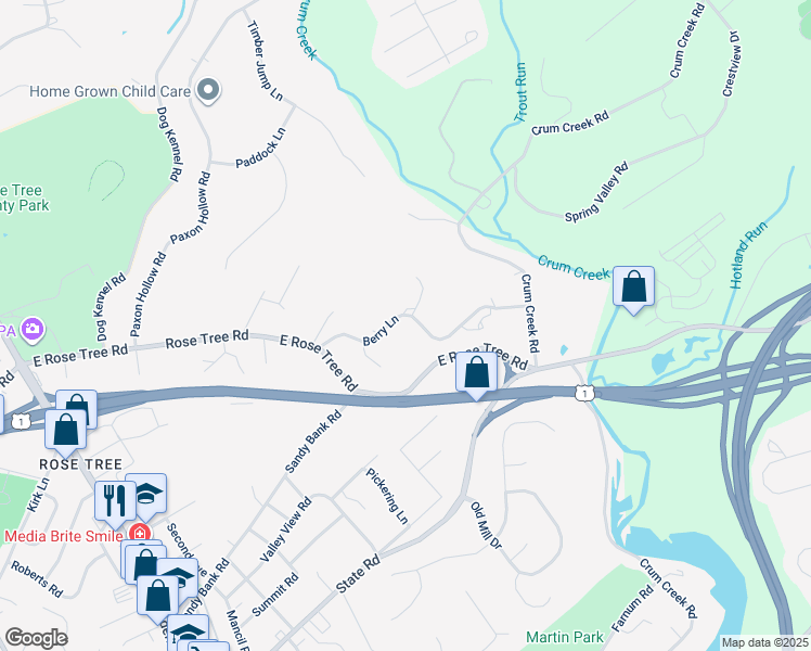 map of restaurants, bars, coffee shops, grocery stores, and more near 500 Berry Lane in Media