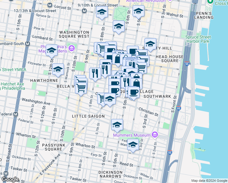 map of restaurants, bars, coffee shops, grocery stores, and more near 802R South 6th Street in Philadelphia