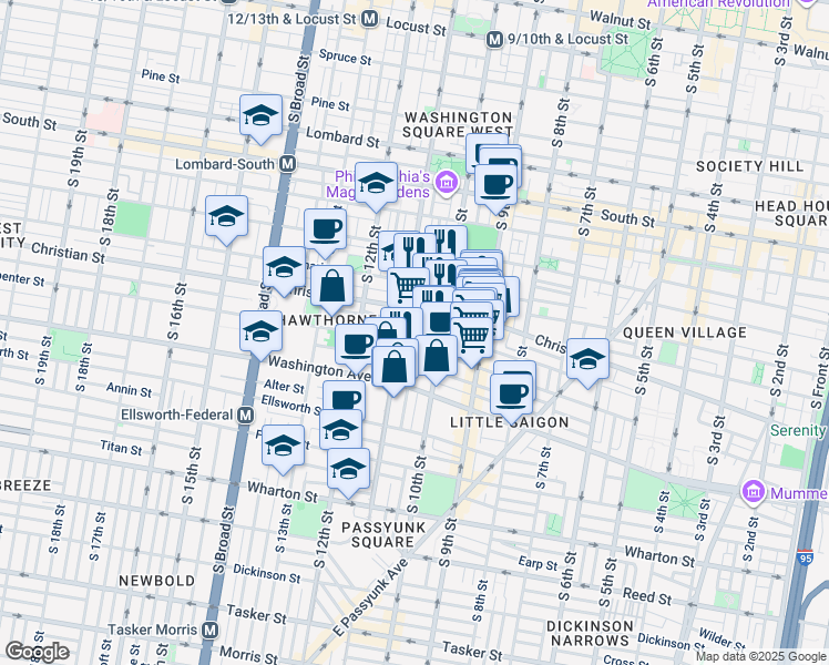 map of restaurants, bars, coffee shops, grocery stores, and more near 1032 Montrose Street in Philadelphia