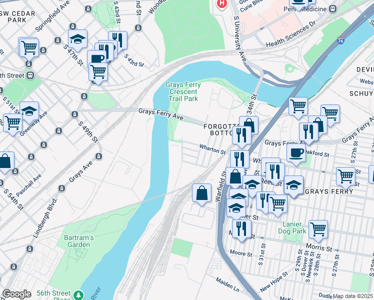 map of restaurants, bars, coffee shops, grocery stores, and more near 3636 Sears Street in Philadelphia