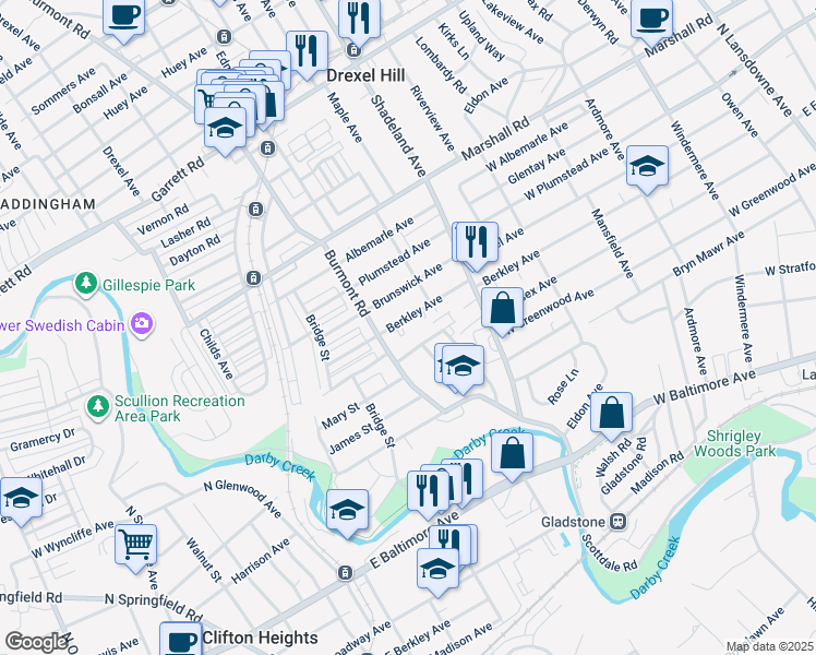 map of restaurants, bars, coffee shops, grocery stores, and more near 3422 Berkley Avenue in Drexel Hill