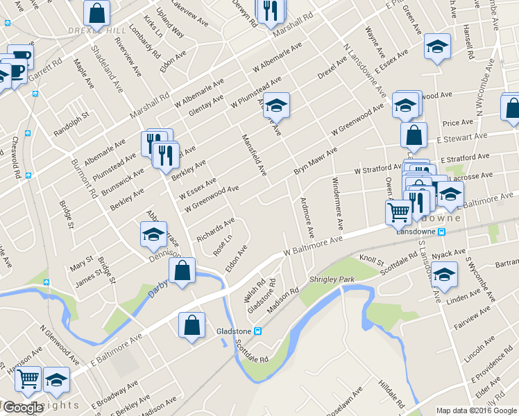 map of restaurants, bars, coffee shops, grocery stores, and more near 188 Marlyn Avenue in Lansdowne