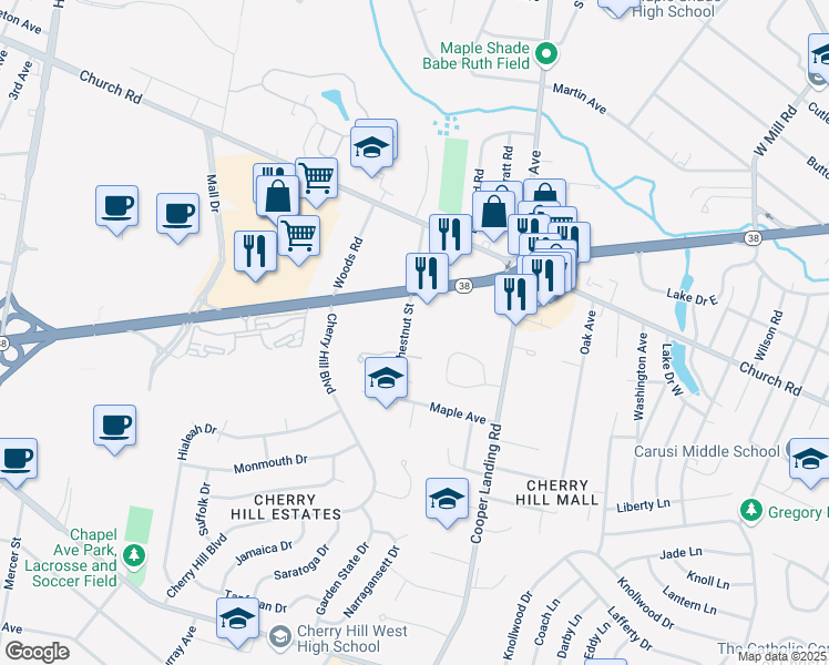 map of restaurants, bars, coffee shops, grocery stores, and more near 109 Chestnut Street in Cherry Hill