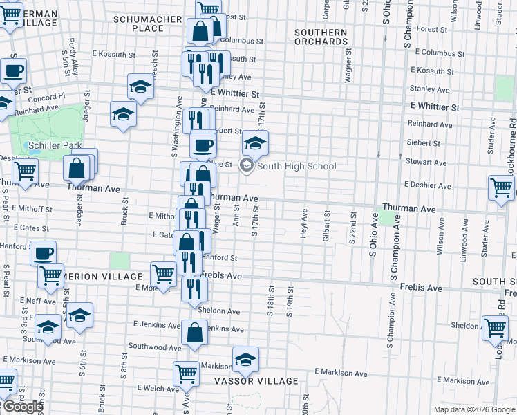 map of restaurants, bars, coffee shops, grocery stores, and more near 599 Thurman Avenue in Columbus