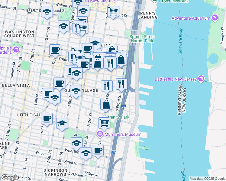map of restaurants, bars, coffee shops, grocery stores, and more near 133 Fitzwater Street in Philadelphia