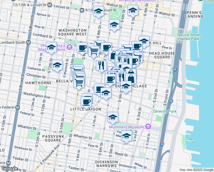 map of restaurants, bars, coffee shops, grocery stores, and more near 616 Catharine Street in Philadelphia
