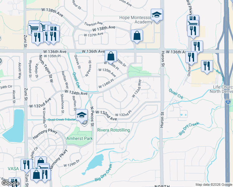 map of restaurants, bars, coffee shops, grocery stores, and more near 13373 Mariposa Court in Westminster