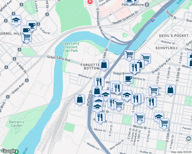 map of restaurants, bars, coffee shops, grocery stores, and more near 3400 Grays Ferry Ave in Philadelphia