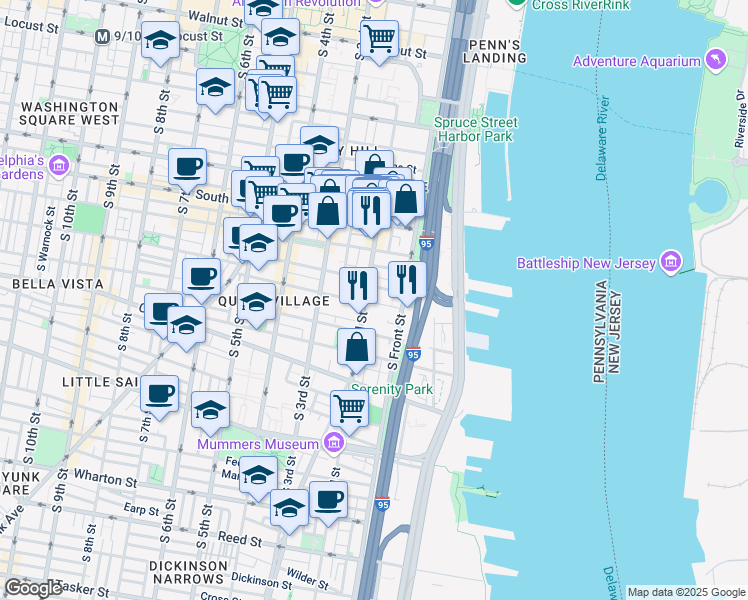 map of restaurants, bars, coffee shops, grocery stores, and more near 141 Fitzwater Street in Philadelphia