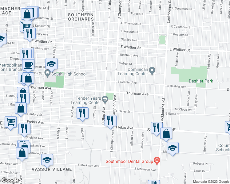 map of restaurants, bars, coffee shops, grocery stores, and more near S Champion Ave & Thurman Ave in Columbus