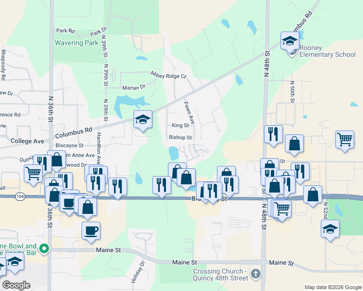 map of restaurants, bars, coffee shops, grocery stores, and more near 4300 Bishop Street in Quincy