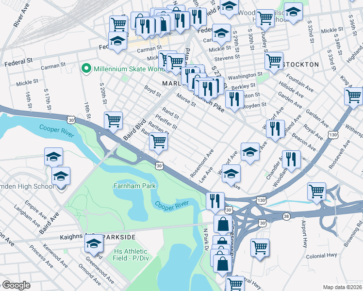 map of restaurants, bars, coffee shops, grocery stores, and more near 589 Raritan Street in Camden