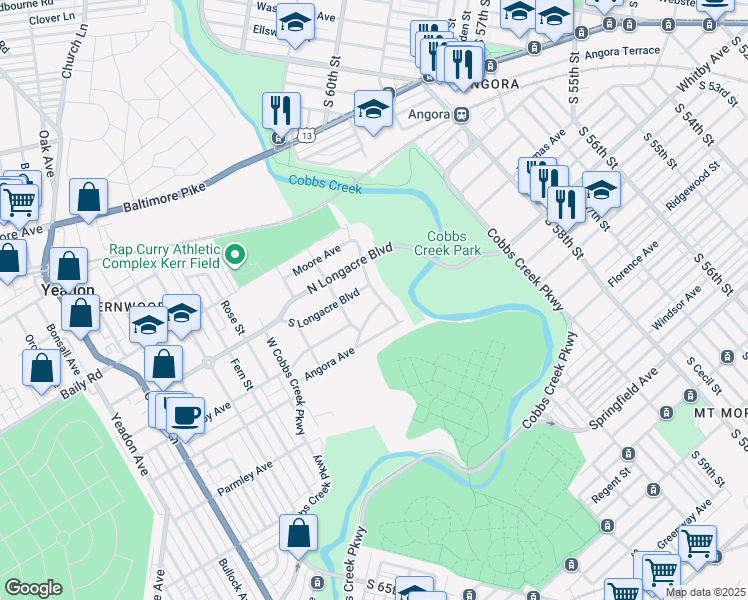 map of restaurants, bars, coffee shops, grocery stores, and more near 1313 Manor Road in Yeadon