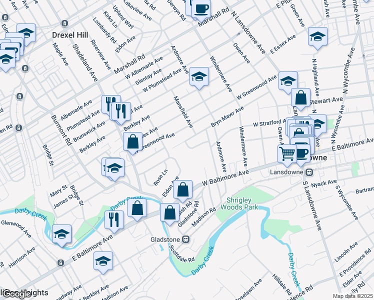 map of restaurants, bars, coffee shops, grocery stores, and more near 188 Marlyn Avenue in Lansdowne
