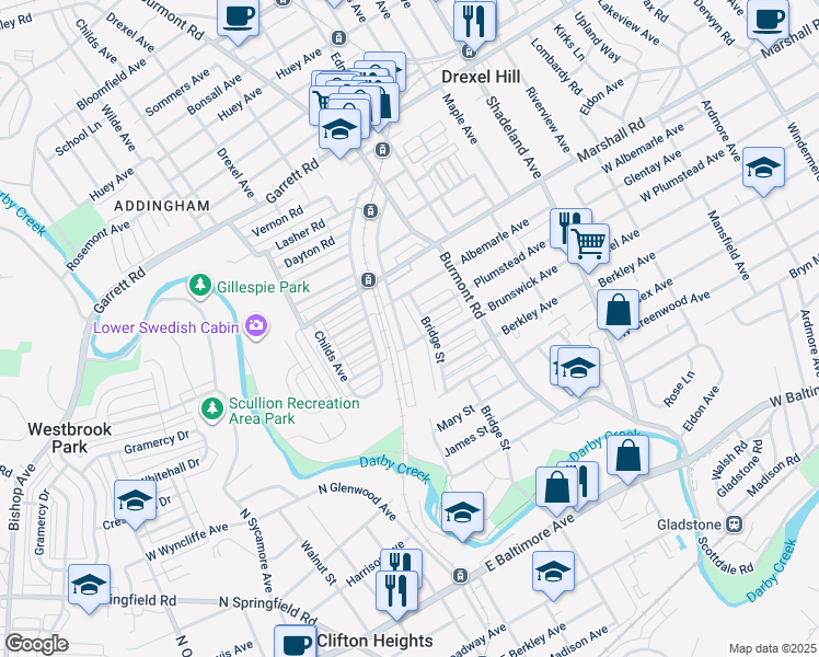 map of restaurants, bars, coffee shops, grocery stores, and more near 225 Blanchard Road in Drexel Hill