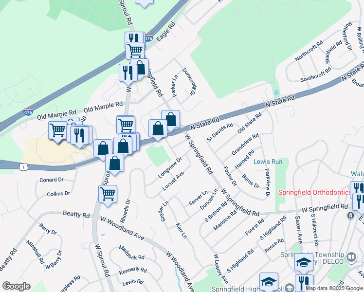 map of restaurants, bars, coffee shops, grocery stores, and more near 11 Curtis Road in Springfield
