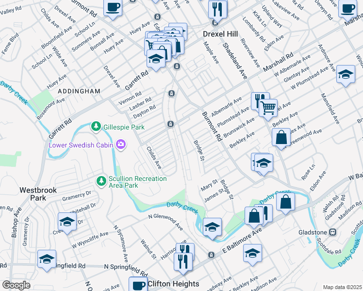 map of restaurants, bars, coffee shops, grocery stores, and more near 248 Blanchard Road in Drexel Hill