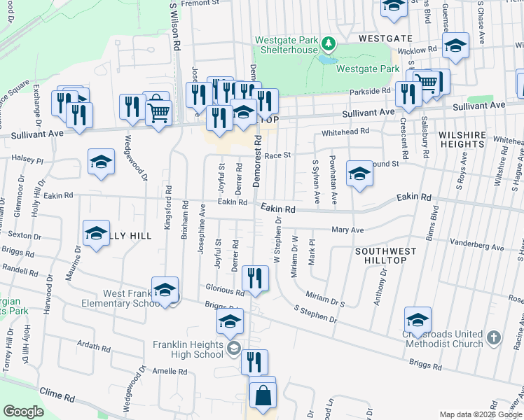 map of restaurants, bars, coffee shops, grocery stores, and more near 744 Demorest Road in Columbus