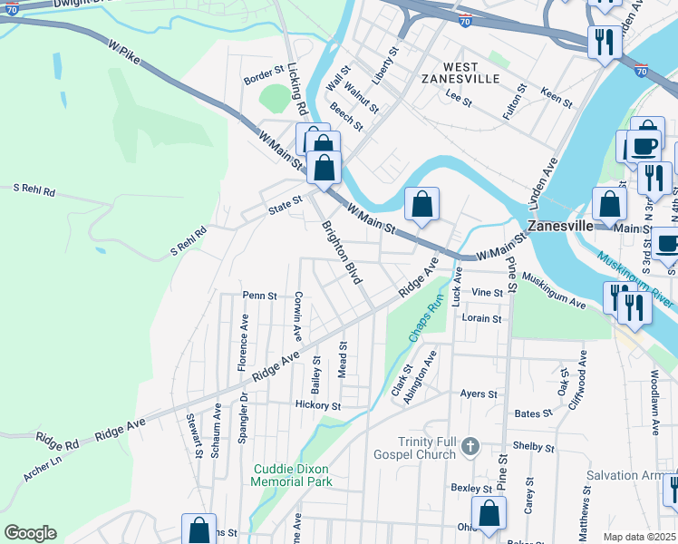 map of restaurants, bars, coffee shops, grocery stores, and more near 109 Brighton Boulevard in Zanesville