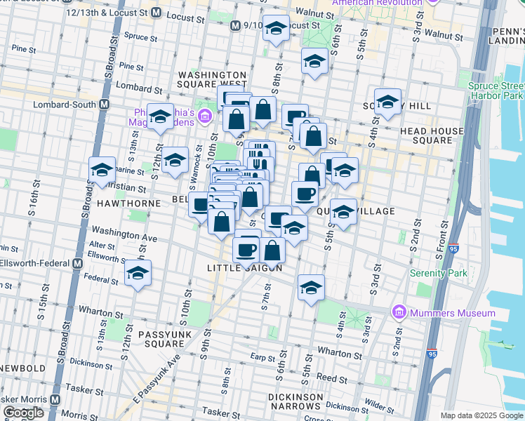 map of restaurants, bars, coffee shops, grocery stores, and more near 737 Christian Street in Philadelphia