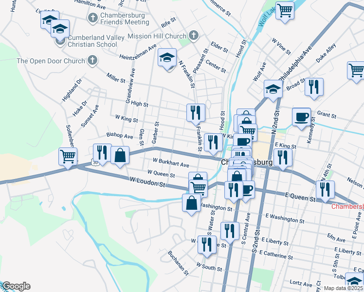 map of restaurants, bars, coffee shops, grocery stores, and more near 271 Lincoln Way West in Chambersburg
