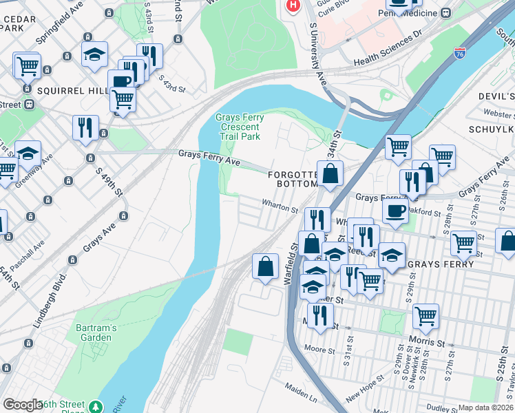 map of restaurants, bars, coffee shops, grocery stores, and more near 3624 Wharton Street in Philadelphia
