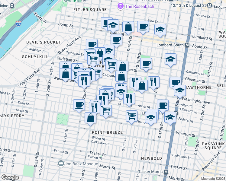 map of restaurants, bars, coffee shops, grocery stores, and more near 1017 South 20th Street in Philadelphia