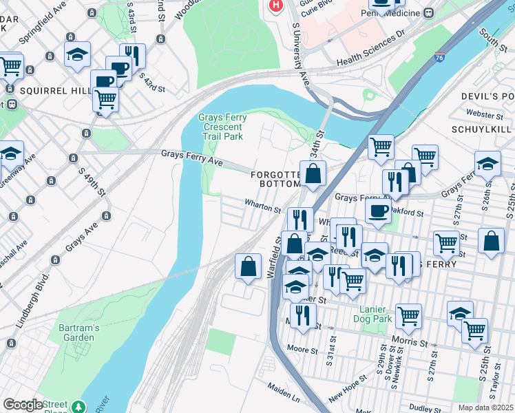 map of restaurants, bars, coffee shops, grocery stores, and more near 1305 Grove Street in Philadelphia