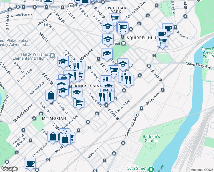 map of restaurants, bars, coffee shops, grocery stores, and more near 1549 South 53rd Street in Philadelphia