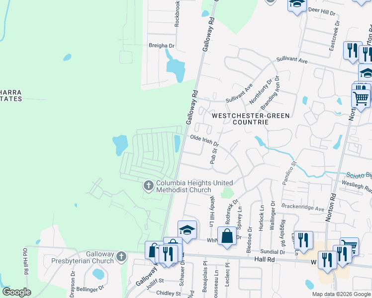 map of restaurants, bars, coffee shops, grocery stores, and more near 475 Olde Irish Drive in Galloway