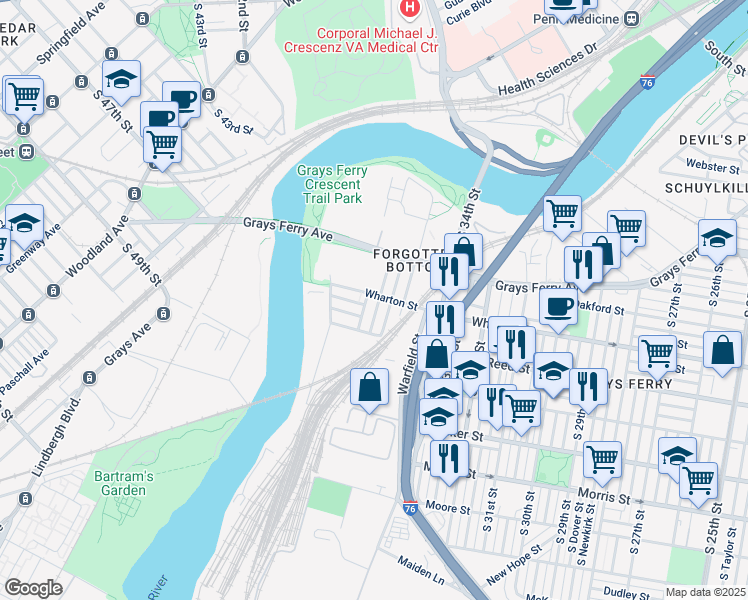 map of restaurants, bars, coffee shops, grocery stores, and more near 3534 Wharton Street in Philadelphia