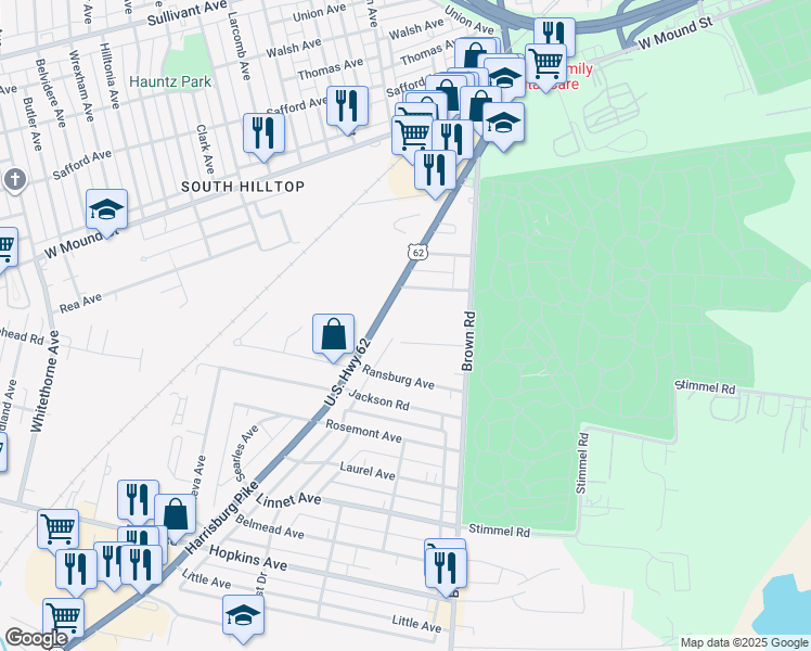 map of restaurants, bars, coffee shops, grocery stores, and more near 1630 Reaver Lane in Columbus