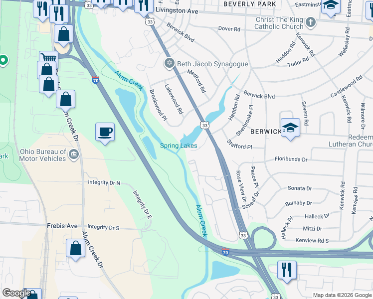 map of restaurants, bars, coffee shops, grocery stores, and more near 1505 Roads End Place in Columbus
