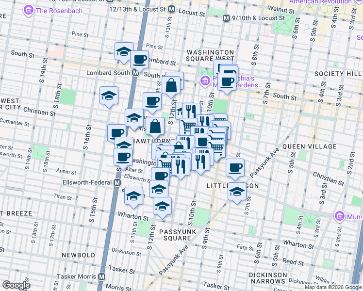 map of restaurants, bars, coffee shops, grocery stores, and more near 1118 Montrose Street in Philadelphia