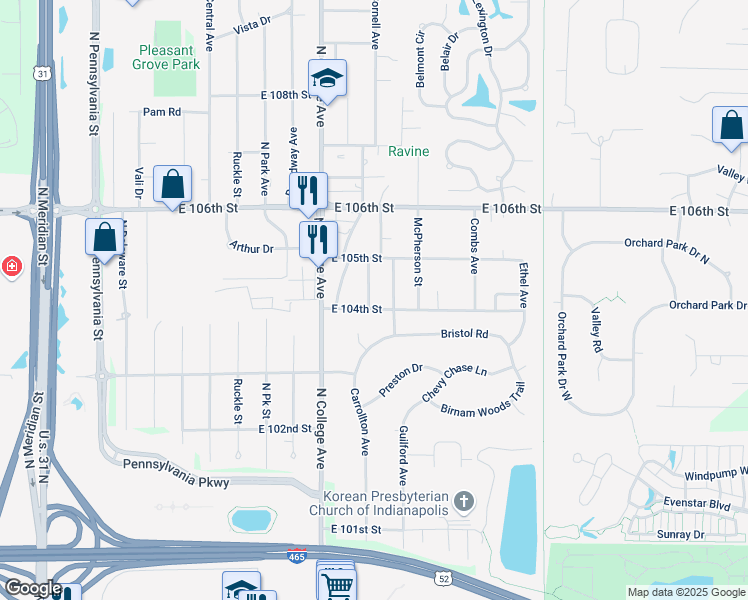 map of restaurants, bars, coffee shops, grocery stores, and more near 10405 Bellefontaine Street in Indianapolis