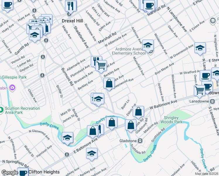 map of restaurants, bars, coffee shops, grocery stores, and more near 290 West Essex Avenue in Lansdowne