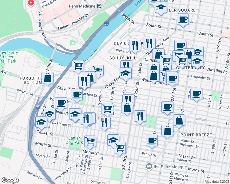 map of restaurants, bars, coffee shops, grocery stores, and more near 2614 Annin Street in Philadelphia