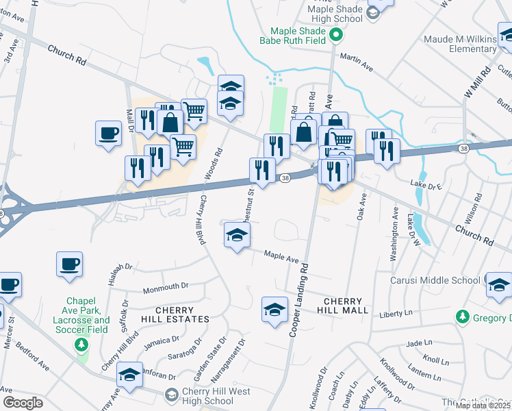 map of restaurants, bars, coffee shops, grocery stores, and more near 103 Chestnut Street in Cherry Hill