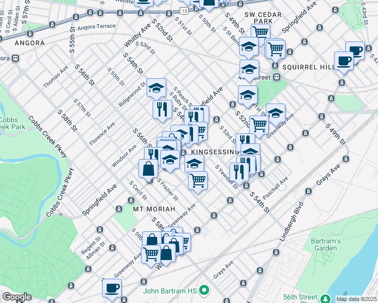 map of restaurants, bars, coffee shops, grocery stores, and more near 5418 Chester Avenue in Philadelphia