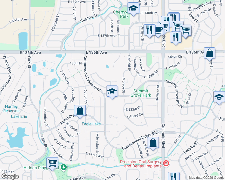map of restaurants, bars, coffee shops, grocery stores, and more near 13400 Saint Paul Street in Thornton