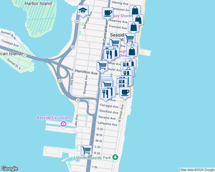 map of restaurants, bars, coffee shops, grocery stores, and more near 203 Ocean Boulevard in Seaside Heights