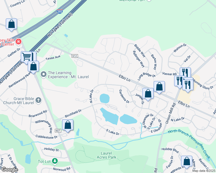 map of restaurants, bars, coffee shops, grocery stores, and more near 7B East Daisy Lane in Mount Laurel Township