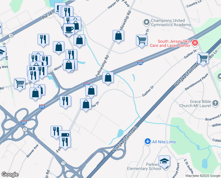 map of restaurants, bars, coffee shops, grocery stores, and more near Interstate 295 in Mount Laurel Township