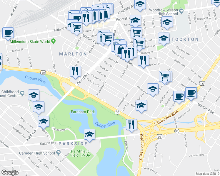 map of restaurants, bars, coffee shops, grocery stores, and more near 557 Raritan Street in Camden
