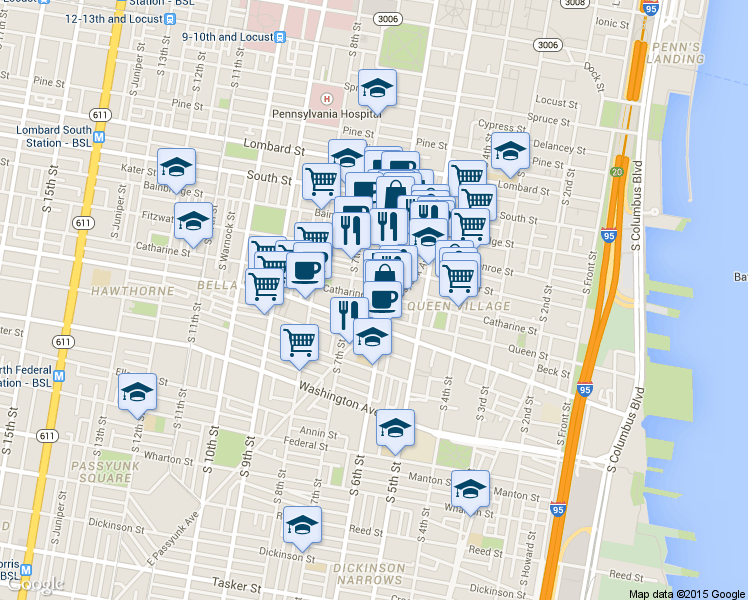 map of restaurants, bars, coffee shops, grocery stores, and more near 785 South 6th Street in Philadelphia