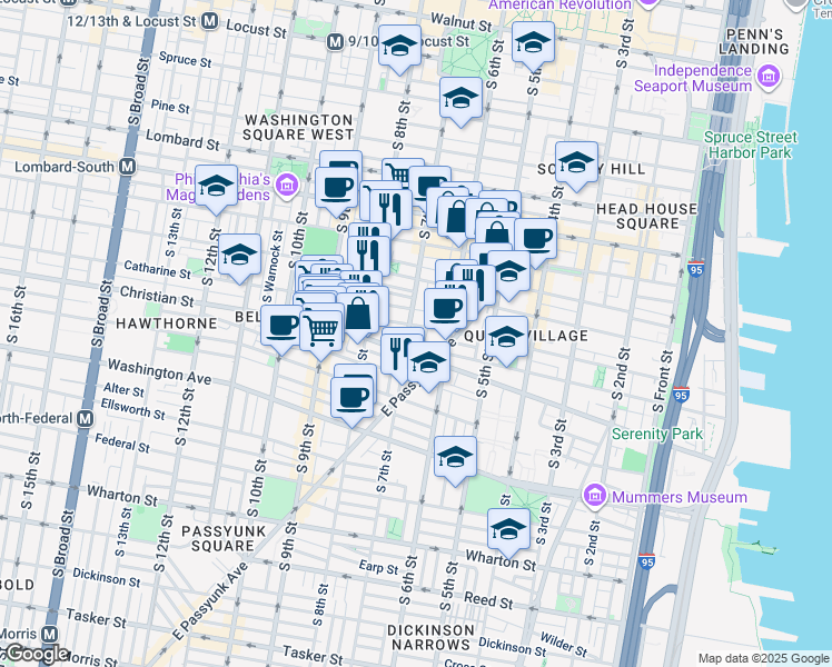 map of restaurants, bars, coffee shops, grocery stores, and more near 641 Catharine Street in Philadelphia