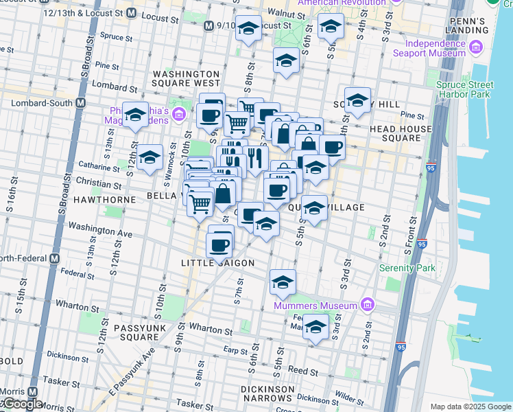 map of restaurants, bars, coffee shops, grocery stores, and more near 641 Catharine Street in Philadelphia