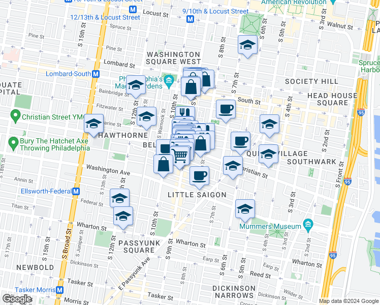 map of restaurants, bars, coffee shops, grocery stores, and more near 829 Christian Street in Philadelphia