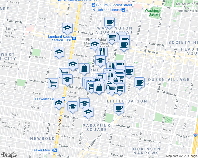 map of restaurants, bars, coffee shops, grocery stores, and more near 1118 Montrose Street in Philadelphia