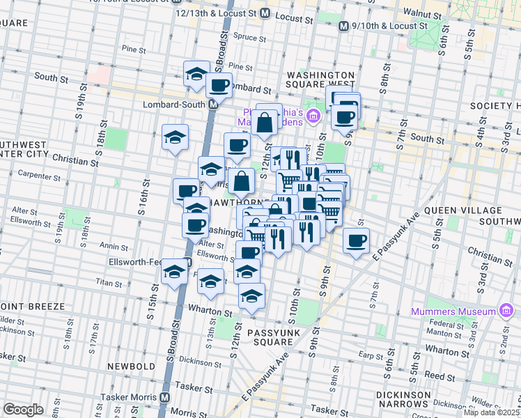 map of restaurants, bars, coffee shops, grocery stores, and more near 1118 Montrose Street in Philadelphia